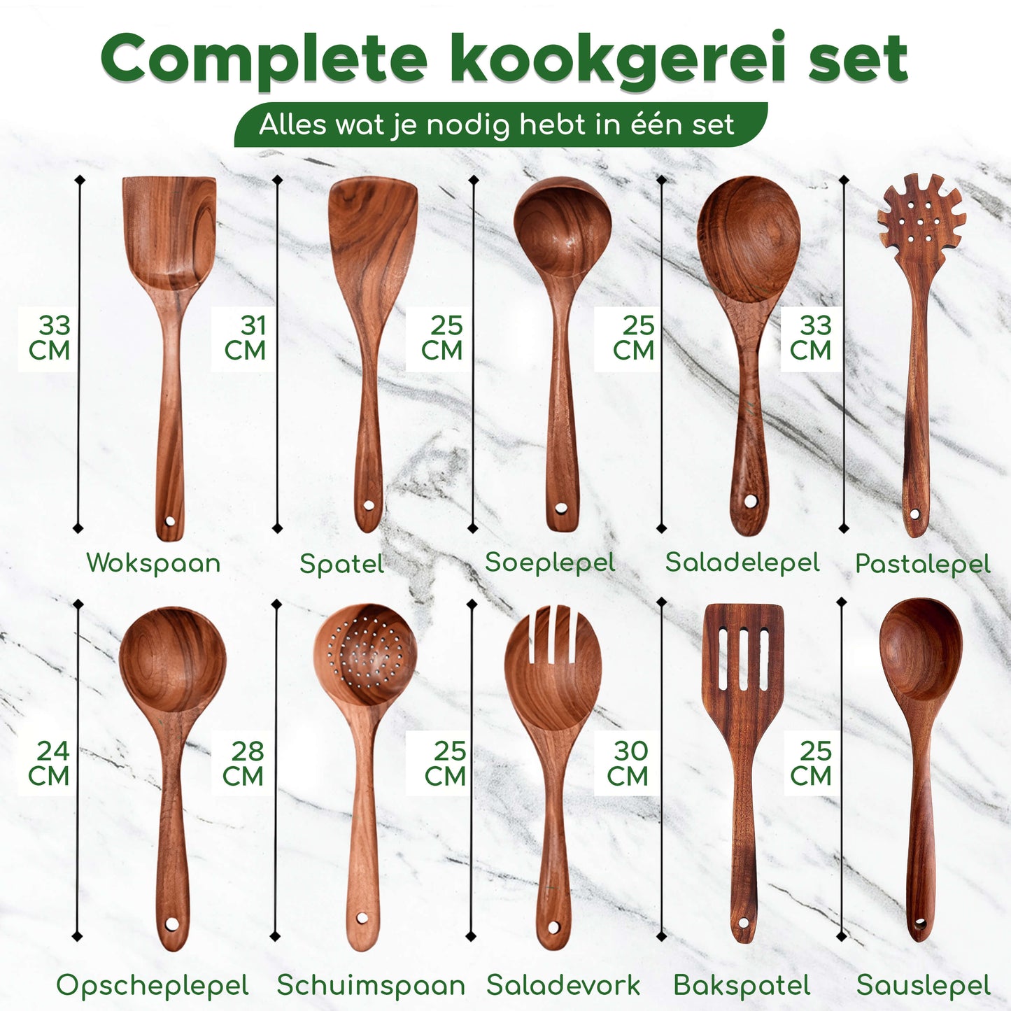 complete kookgerei set van hout