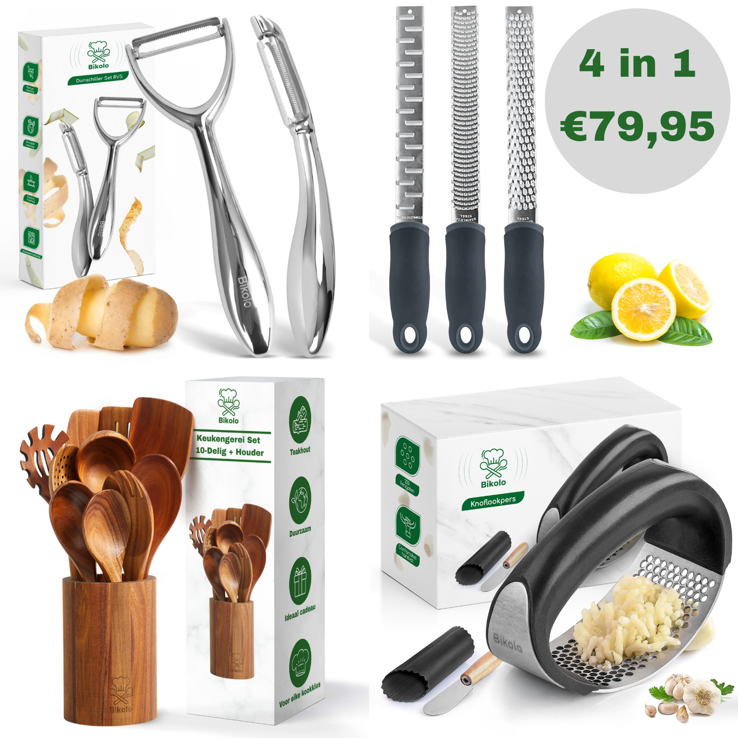 keukengerei bundel set; dunschiller set roestvrij staal, raspen set, kookgerei set met houder en knoflookpers rvs