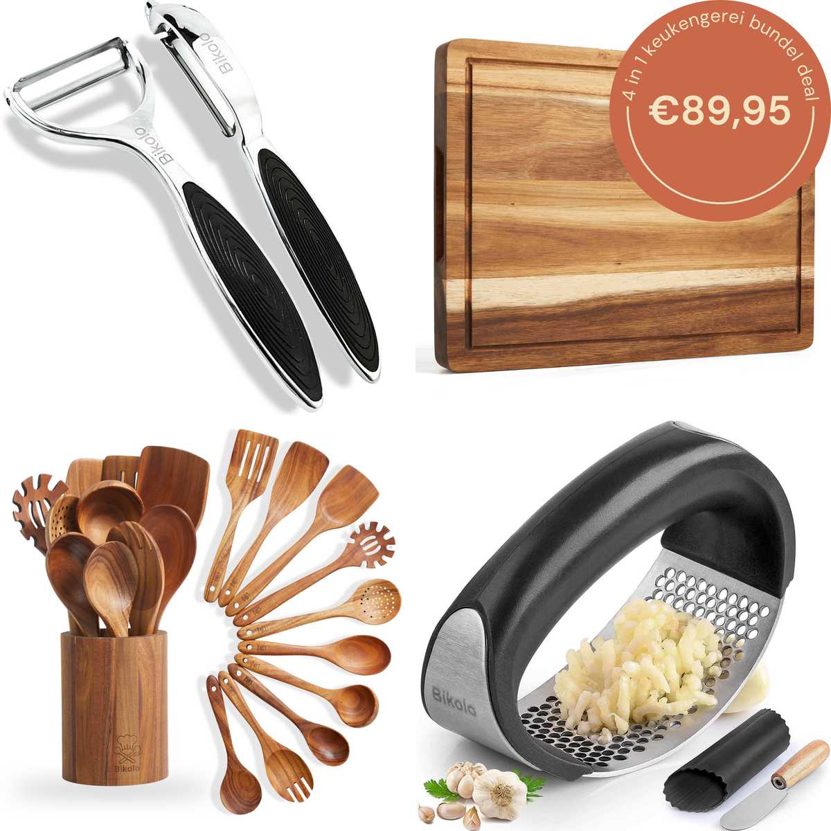 keukengerei bundel set 4-delig; dunschillers, knoflookpers, snijplank van hout en spatelset met houder