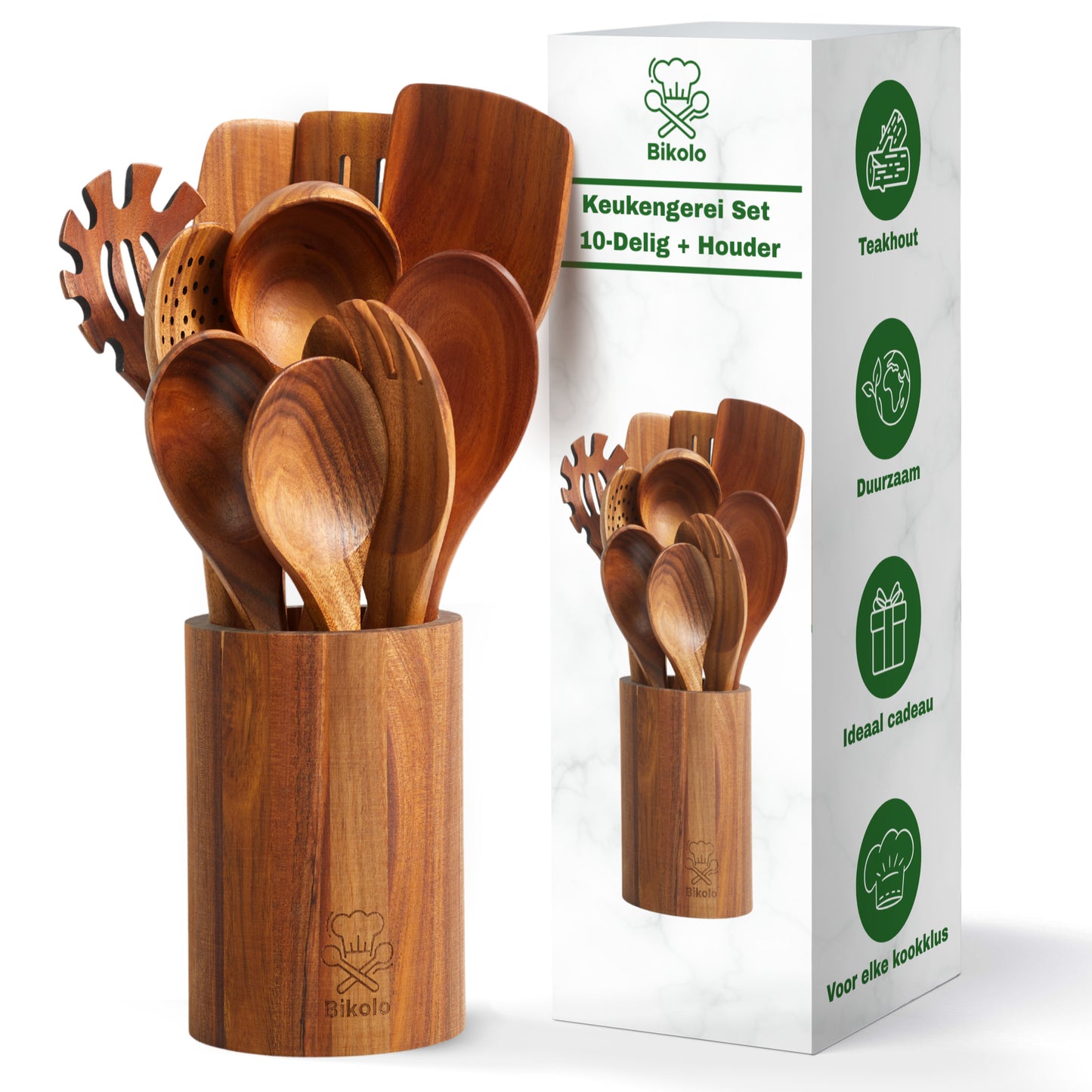 10-delige kookgerei set met houder van hout