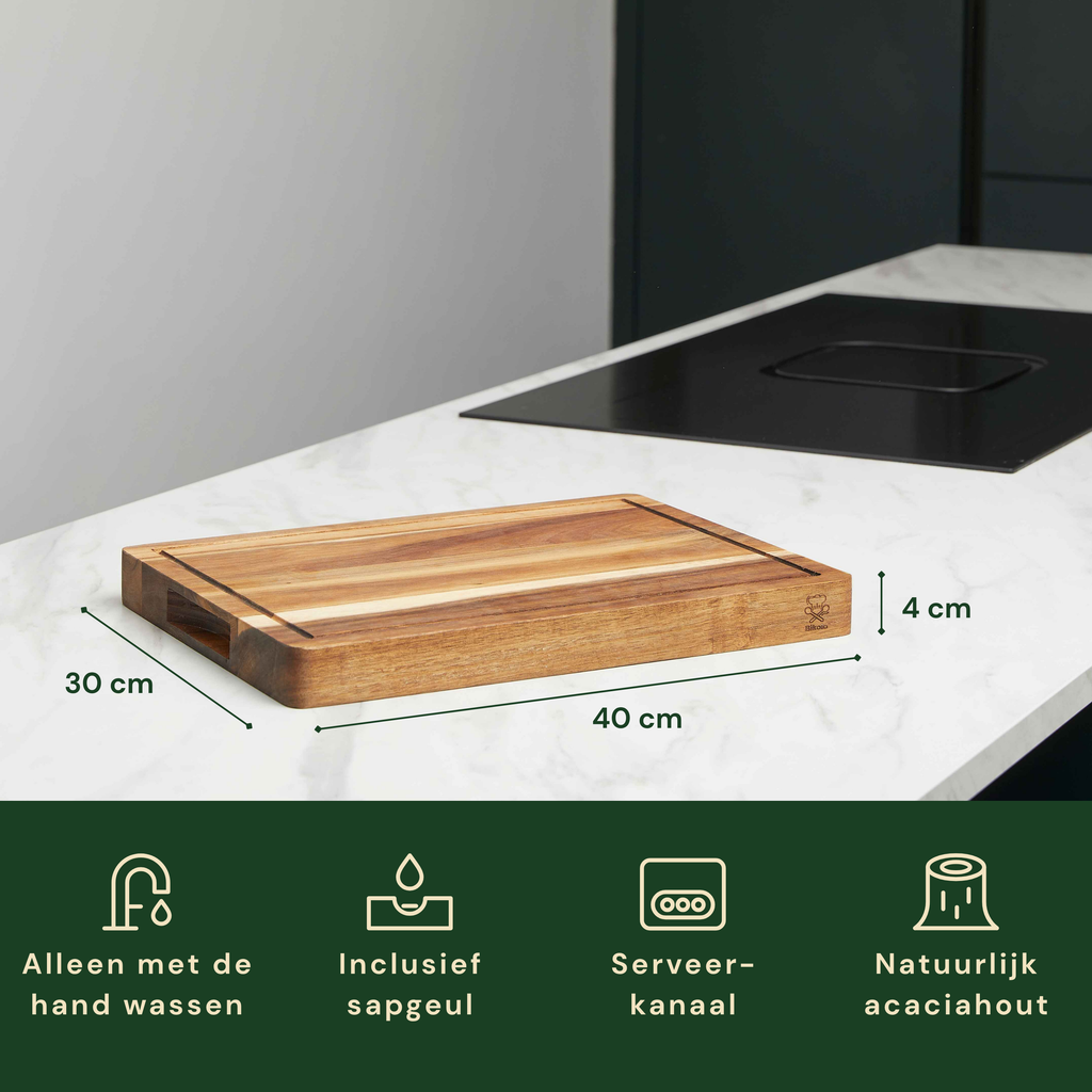 Bikolo® Houten Snijplank Acacia Extra Dik 4 cm – Met Sapgeul, Serveerkanaal & Handvaten