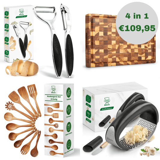 dunschiller set, hakblok, houten kookgerei set en knoflookpers