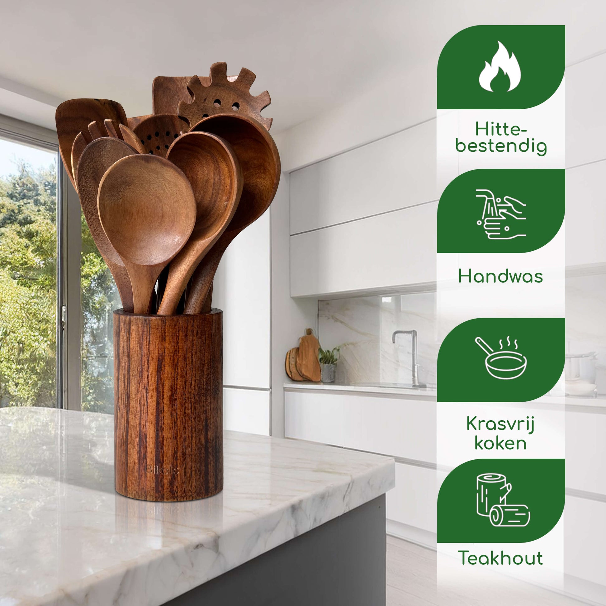 houten keukengerei set met houder