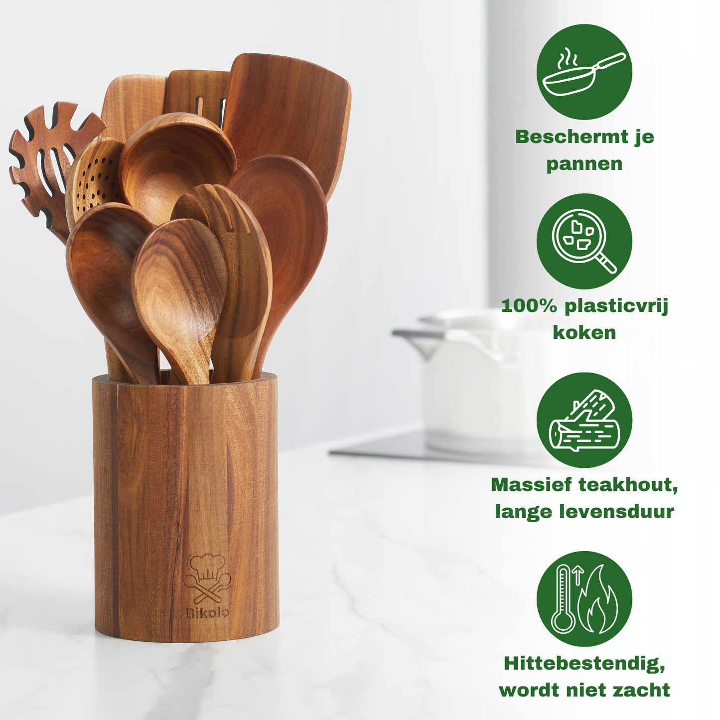 houten kookgerei set inclusief houder