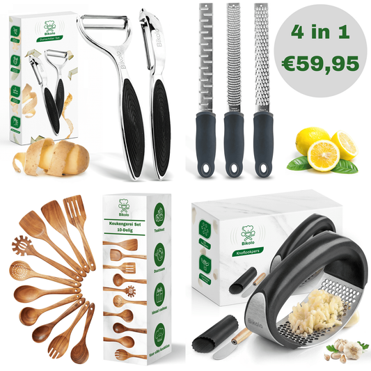 dunschiller set, raspen set, houten spatelset en knoflookpers
