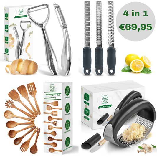 raspen set, dunschiller set rvs, houten spatels en lepels en knoflookpers