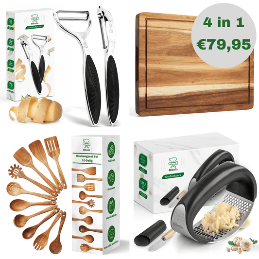 dunschiller set, snijplank, kookgerei set met spatels en lepels van hout en een knoflookpers