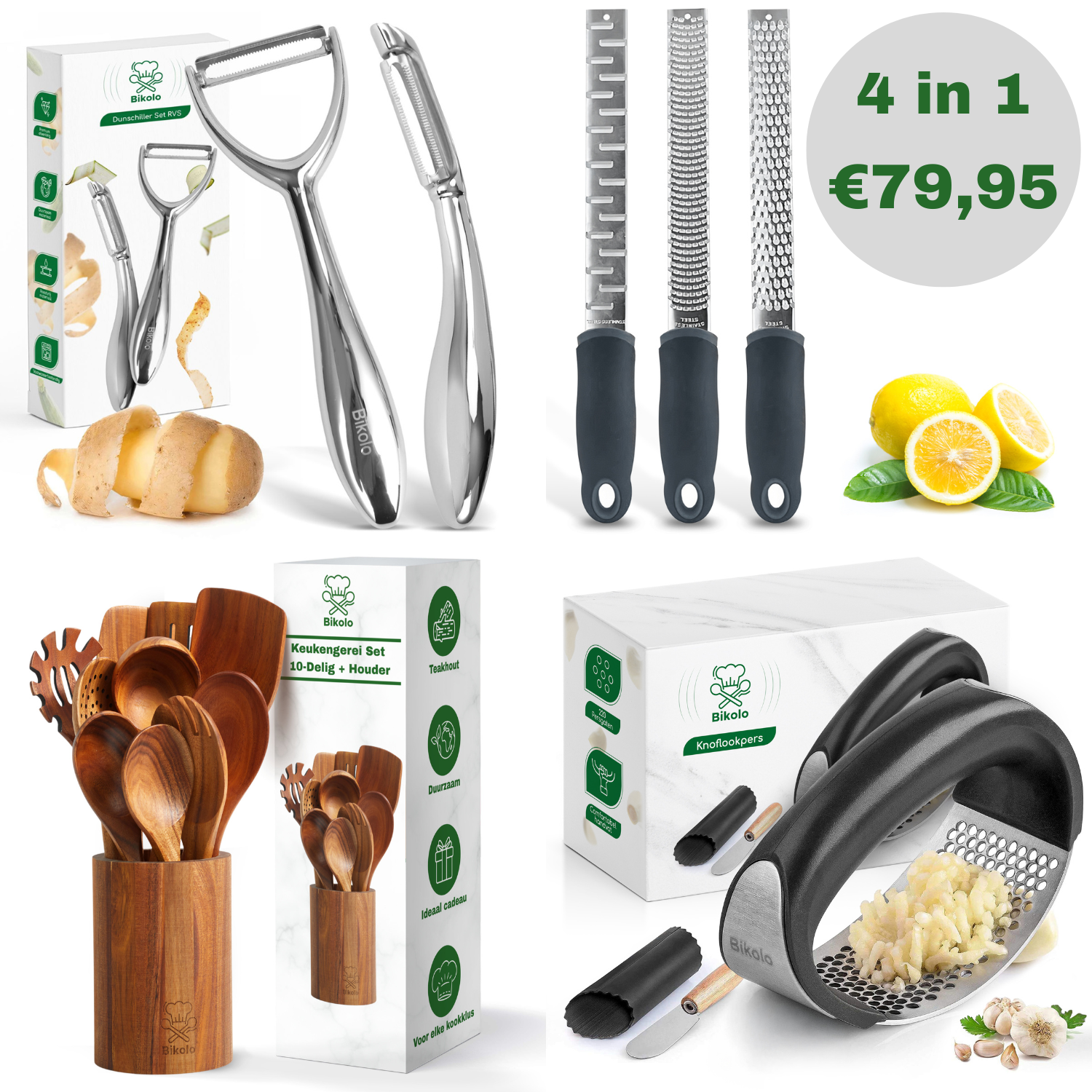 keukengerei bundel set; dunschiller set roestvrij staal, raspen set, kookgerei set met houder en knoflookpers rvs