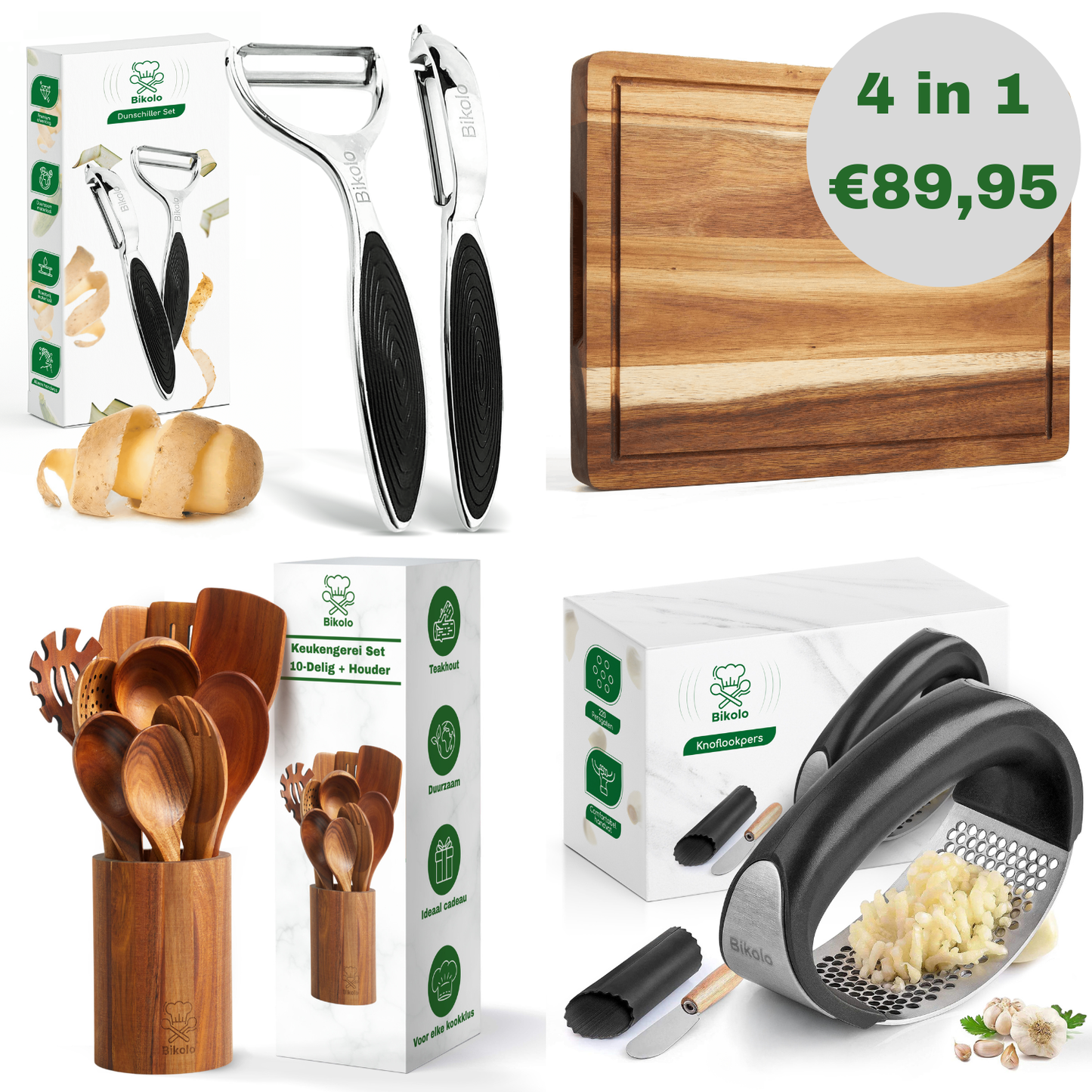 keukengerei bundel set 4-delig; dunschillers, knoflookpers, snijplank van hout en spatelset met houder