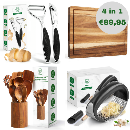 keukengerei bundel set 4-delig; dunschillers, knoflookpers, snijplank van hout en spatelset met houder