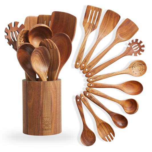 Bikolo® Houten Keukengerei Set 10-Delig met Houder – Teakhout
