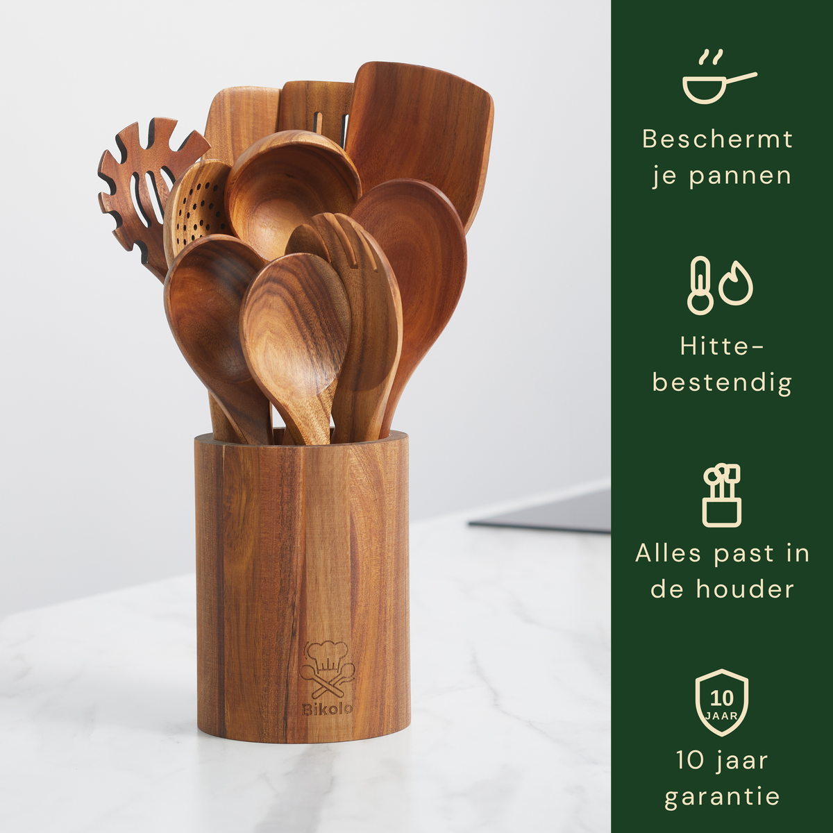 Bikolo® Houten Keukengerei Set 10-Delig met Houder – Teakhout