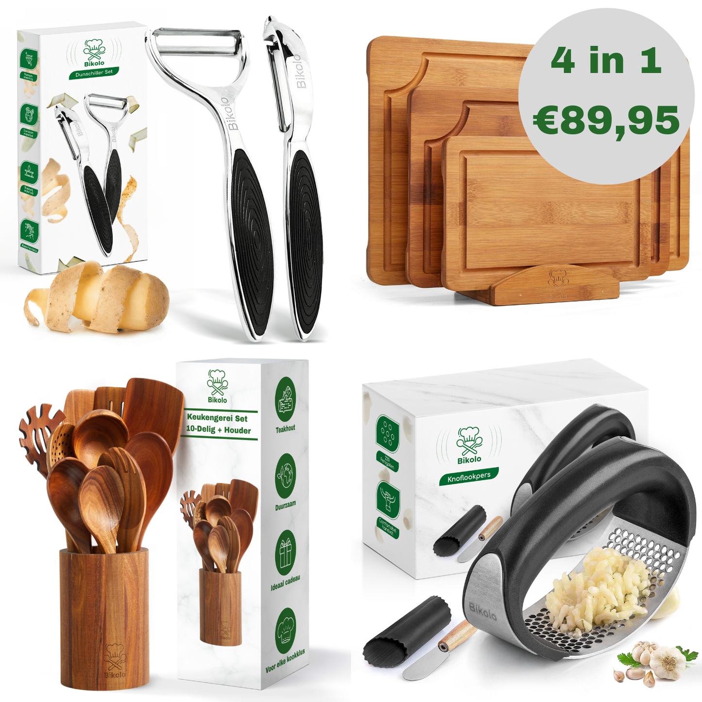 keukengerei bundel deal, 4 in 1 producten; dunschllers, snjplankenset met houder, pollepel en spatel set inclusief houder en knoflookpers