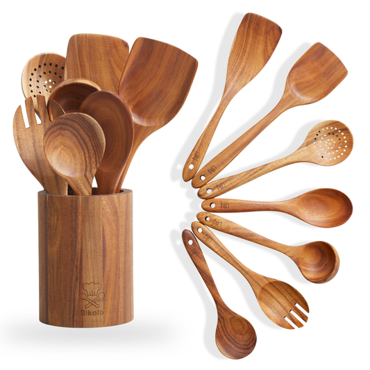 Bikolo® Kookgerei Set 7-Delig met Keukengerei Houder – Teakhout