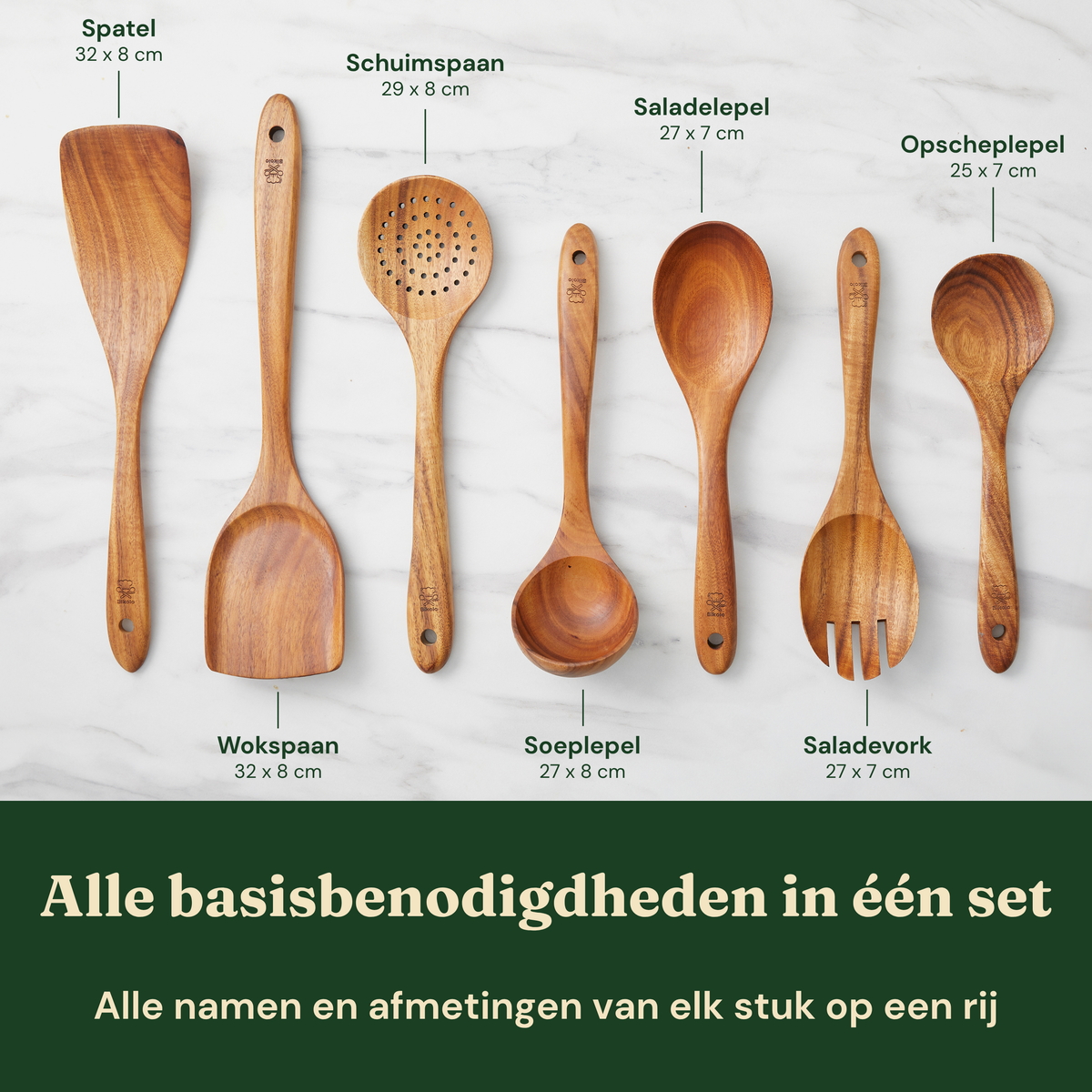 Bikolo® Kookgerei Set 7-Delig met Keukengerei Houder – Teakhout