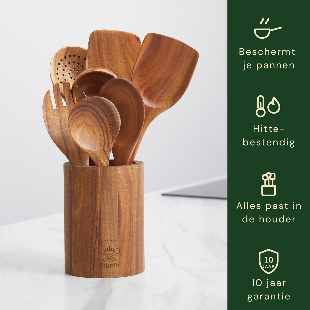 Bikolo® Kookgerei Set 7-Delig met Keukengerei Houder – Teakhout