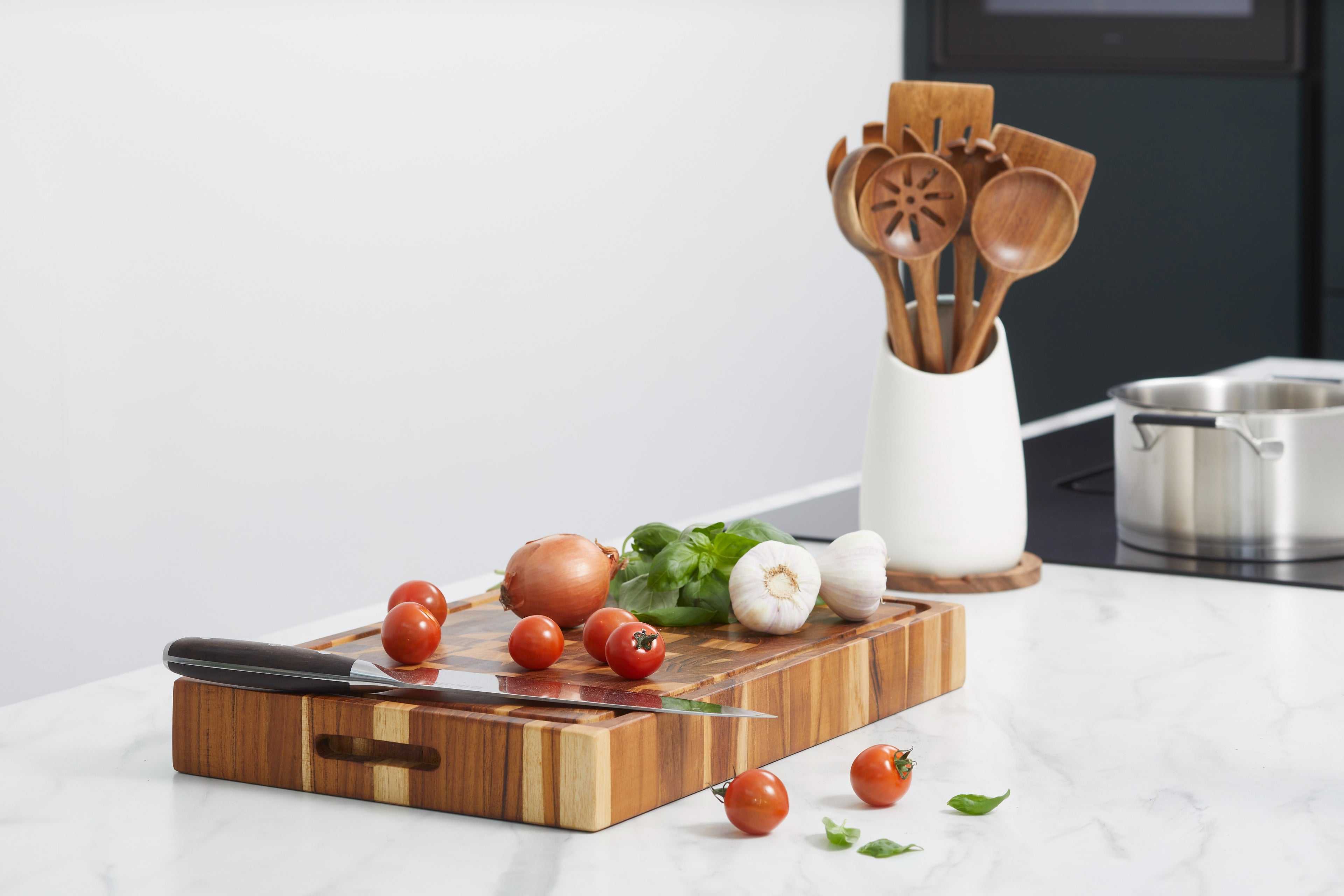 keukengerei set van acaciahout met keramische houder