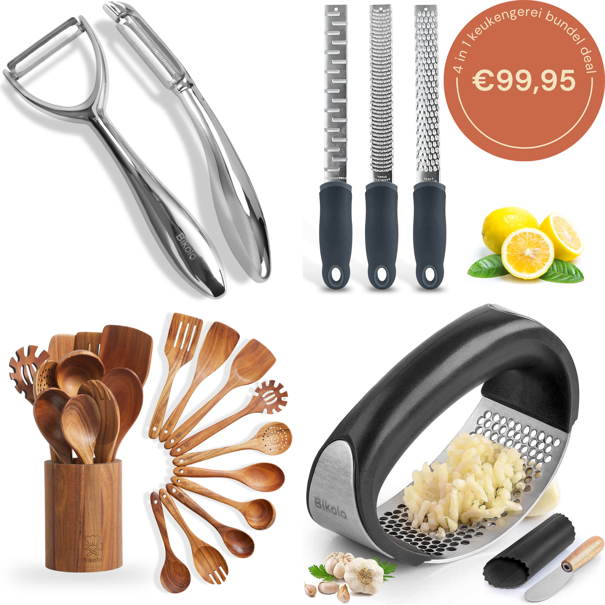 keukengerei bundel set; dunschiller set roestvrij staal, raspen set, kookgerei set met houder en knoflookpers rvs