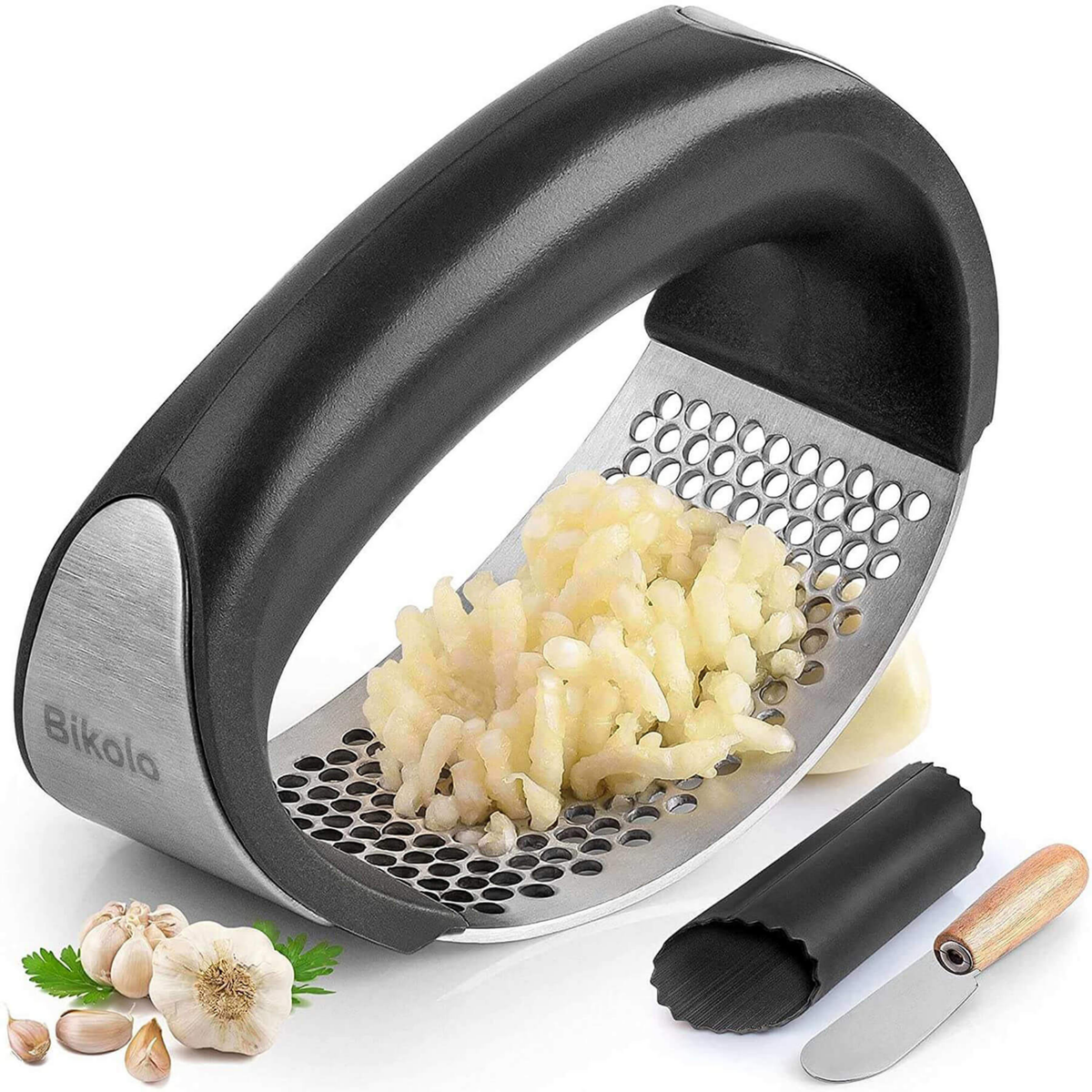 Bikolo® Knoflookpers RVS – Vaatwasserbestendig – Peller, Borstel & Mesje