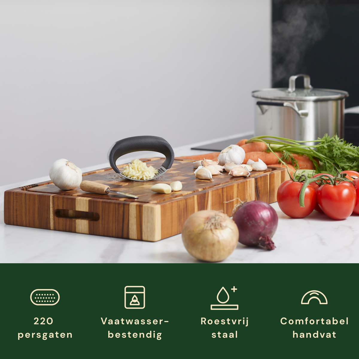 Bikolo® Knoflookpers RVS – Vaatwasserbestendig – Peller, Borstel & Mesje