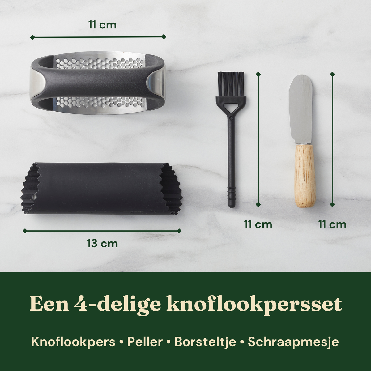 Bikolo® Knoflookpers RVS – Vaatwasserbestendig – Peller, Borstel & Mesje