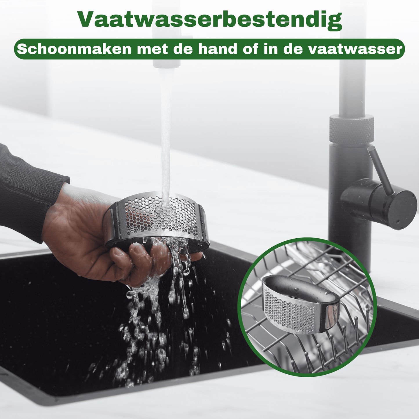 De knoflookpers schoonmaken onder de kraan of in de vaatwasser, de pers is vaatwasserbestendig