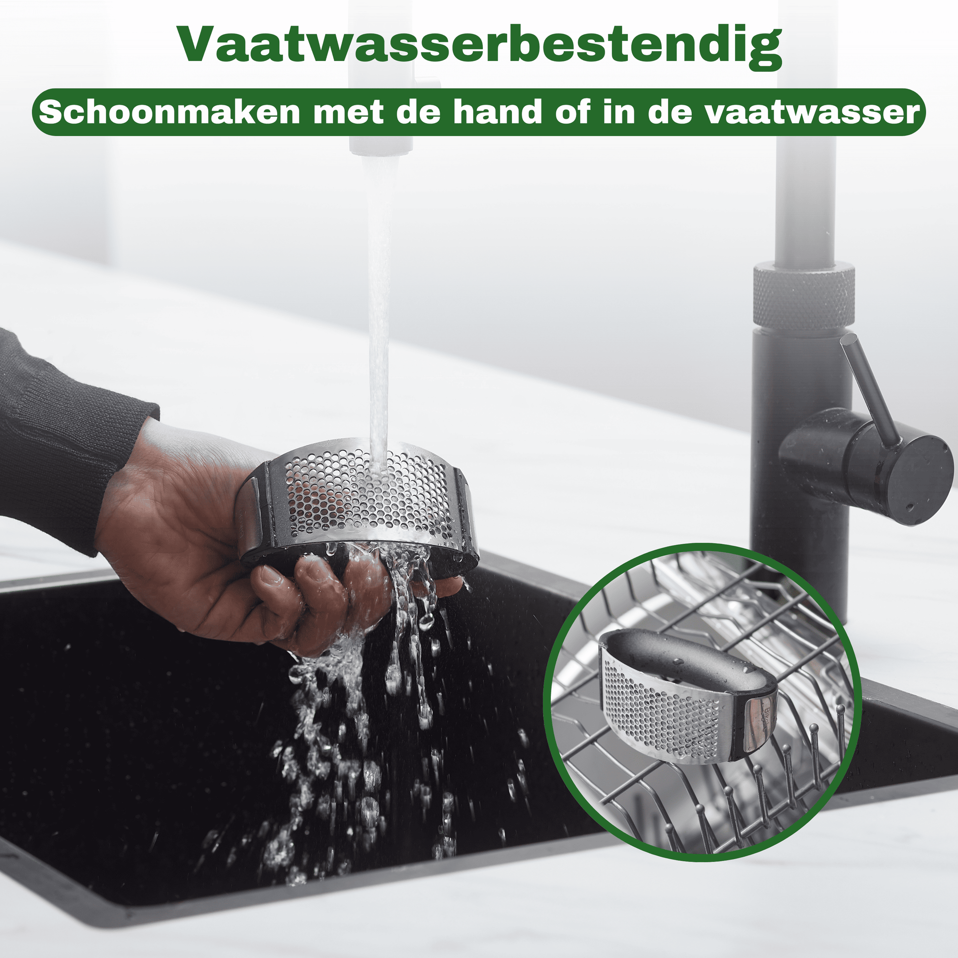 De knoflookpers schoonmaken onder de kraan of in de vaatwasser, de pers is vaatwasserbestendig