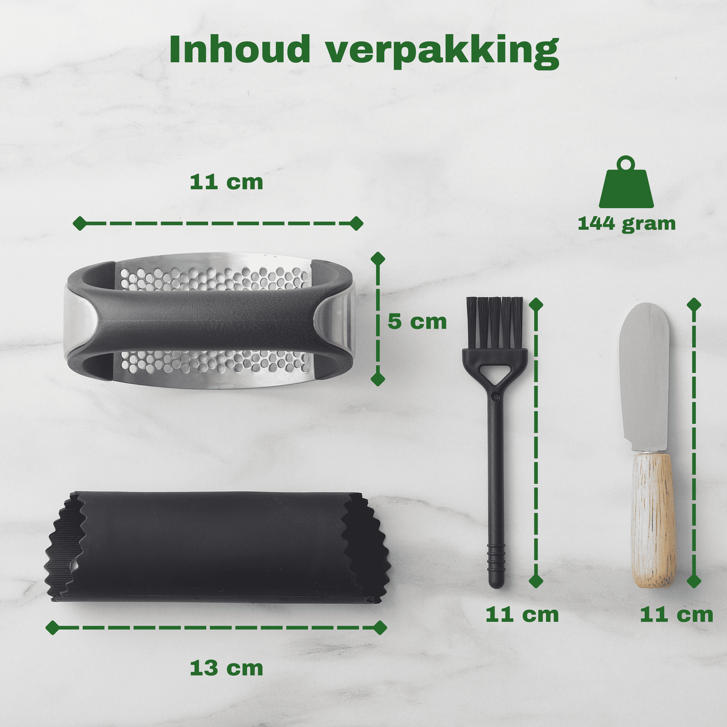 Complete knoflookpers set met siliconen peller, borstel en mesje