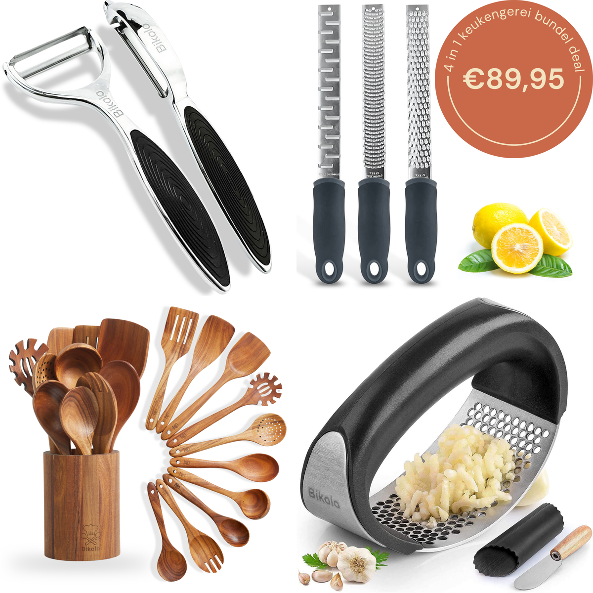 kookgerei set bestaande uit; dunschillers, kaasrasp, citroenrasp en gemberrasp, knoflookpers rond design en spatelset van hout met houder.