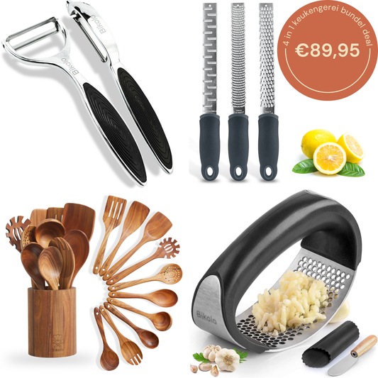kookgerei set bestaande uit; dunschillers, kaasrasp, citroenrasp en gemberrasp, knoflookpers rond design en spatelset van hout met houder.