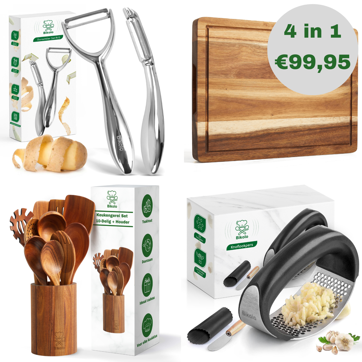 kookgerei bundel deal; dunschiller set rvs, houten snijplank, houten spatelset en knoflookpers