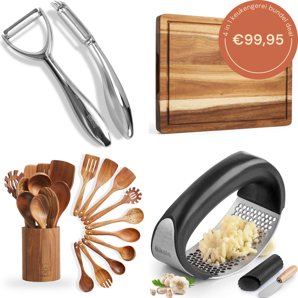 keukengerei bundel set 4-delig; RVS dunschillers, knoflookpers, snijplank van hout en spatelset met houder