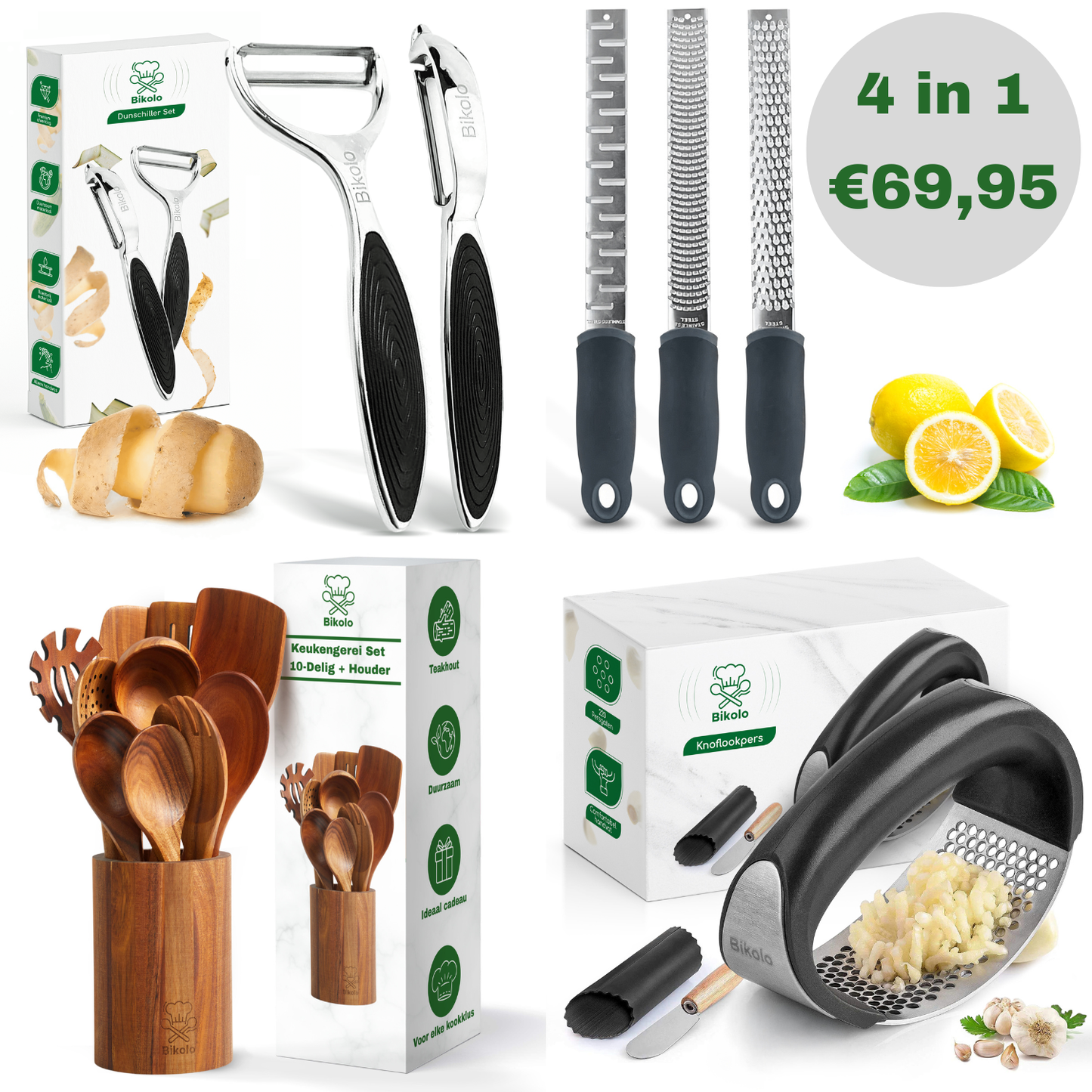 kookgerei set bestaande uit; dunschillers, kaasrasp, citroenrasp en gemberrasp, knoflookpers rond design en spatelset van hout met houder.