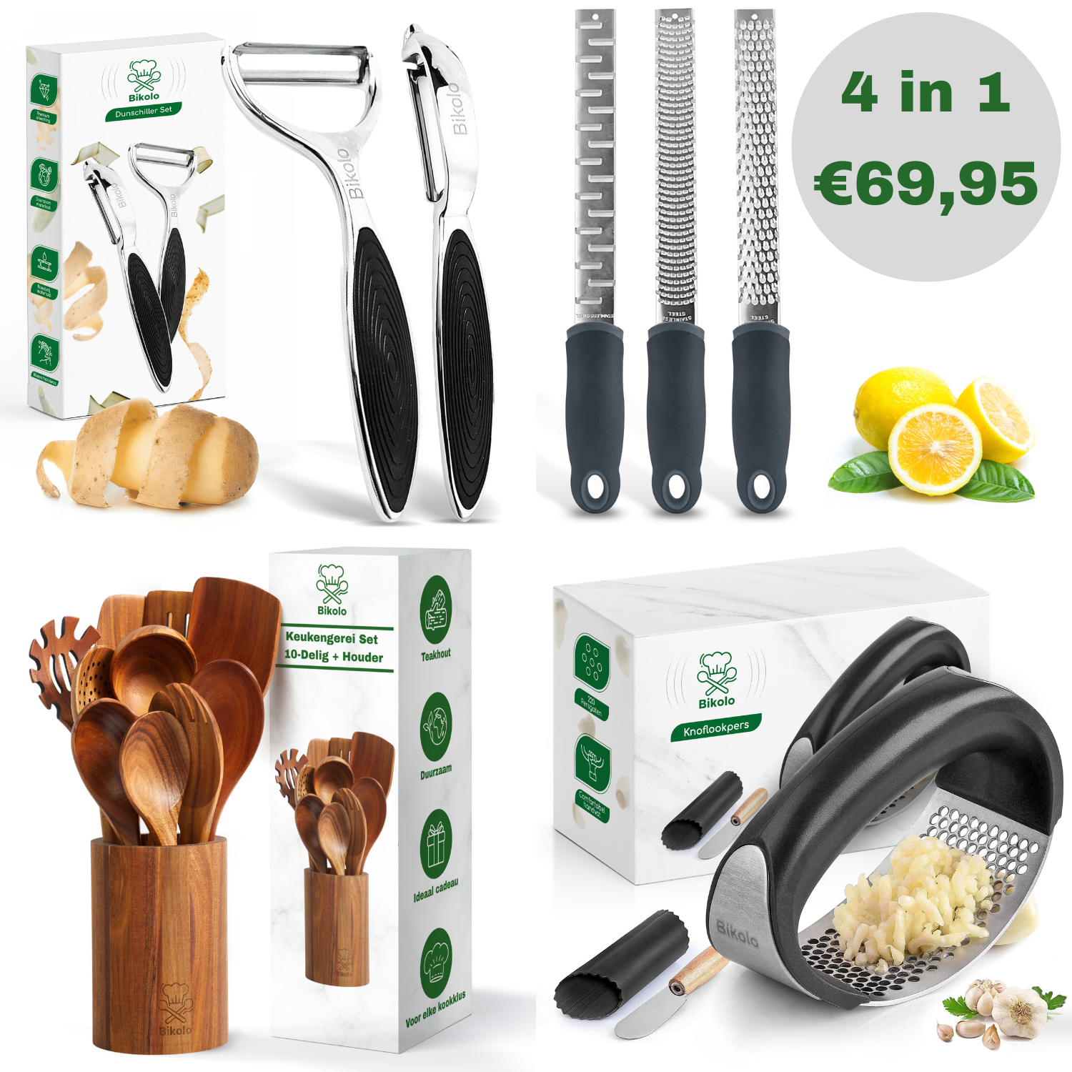 kookgerei set bestaande uit; dunschillers, kaasrasp, citroenrasp en gemberrasp, knoflookpers rond design en spatelset van hout met houder.