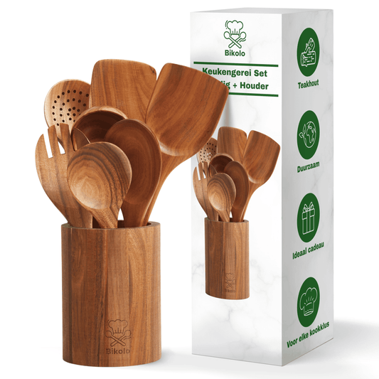 Kookgerei set 7-delig met keukengerei houder van teak