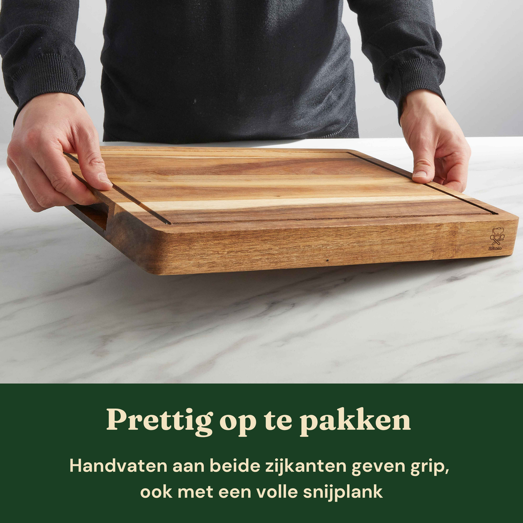 Bikolo® Houten Snijplank Acacia Extra Dik 4 cm – Met Sapgeul, Serveerkanaal & Handvaten
