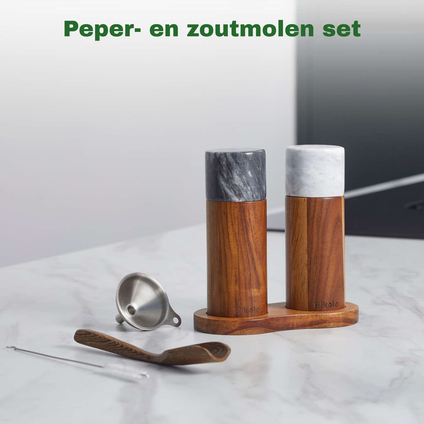 Bikolo® Peper- en Zoutmolen Set - Hout - Marmer - Klein