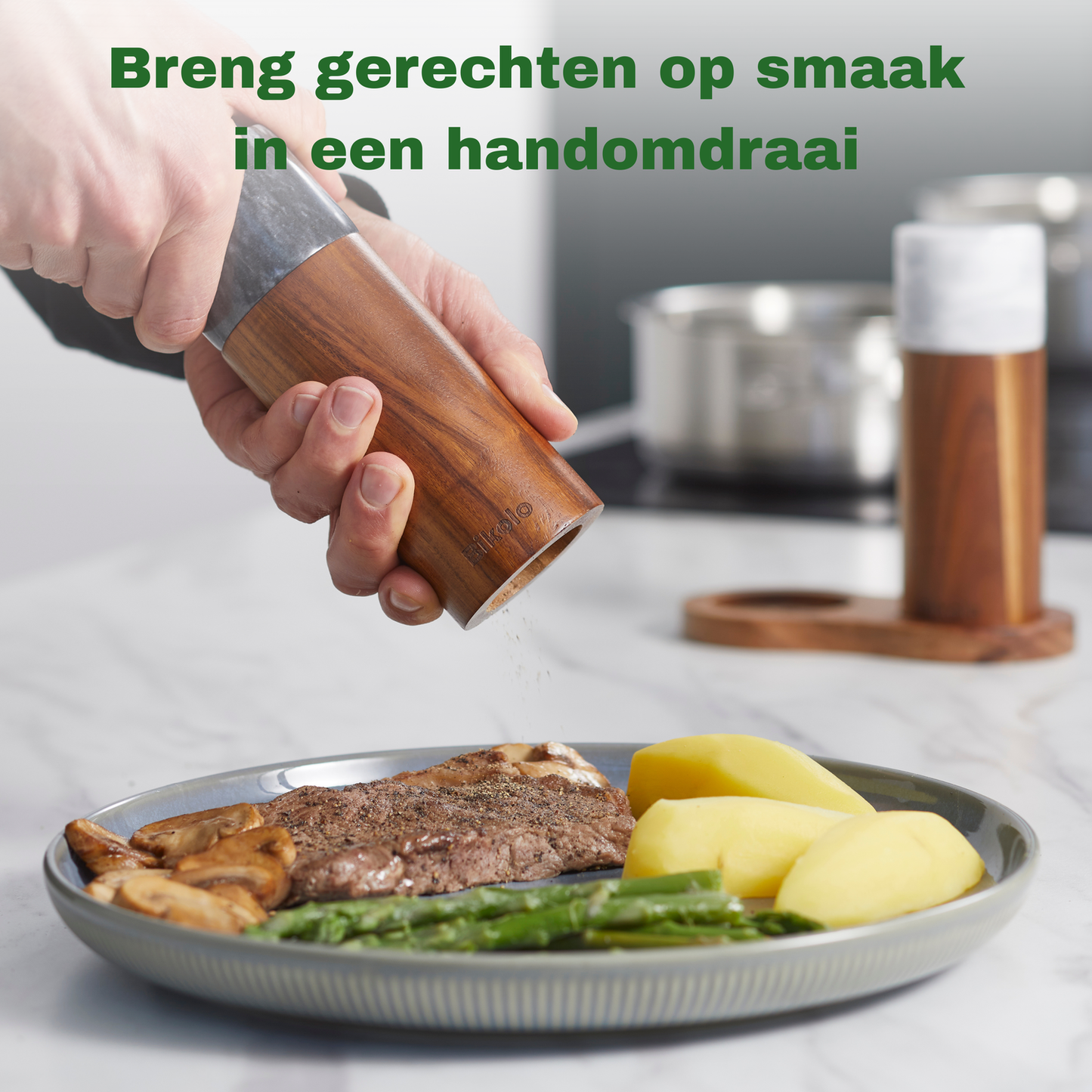 Bikolo® Peper- en Zoutmolen Set - Hout - Marmer - Klein